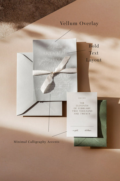 Wedding invitation suite with vellum overlay, ribbon detail, minimalist calligraphy and modern text layout