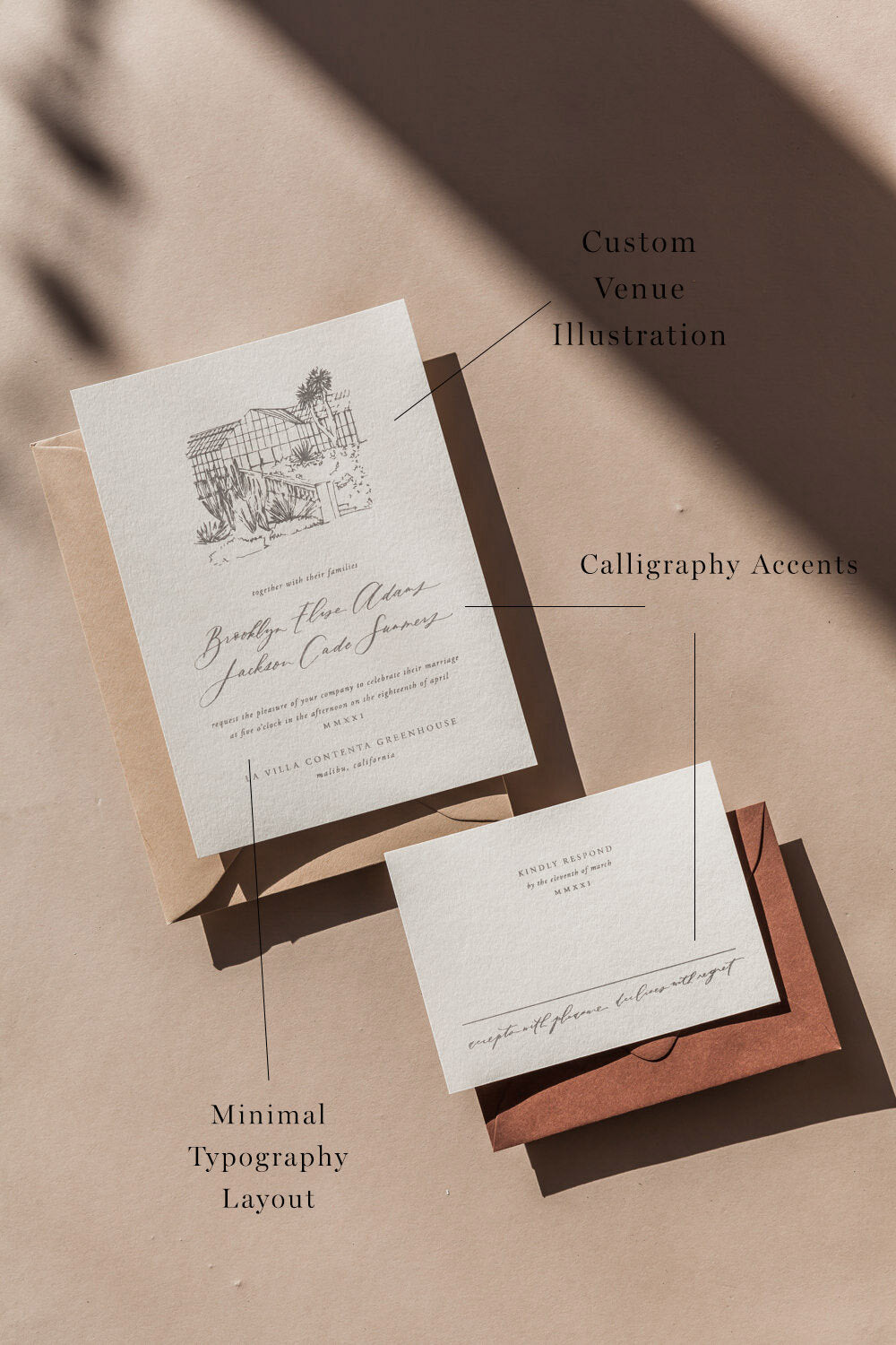Custom wedding invitation with venue illustration and minimal typography layout